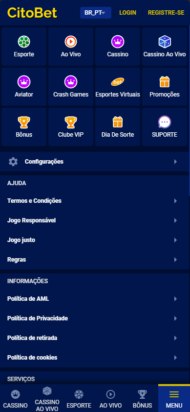 Captura de tela do menu Citobet